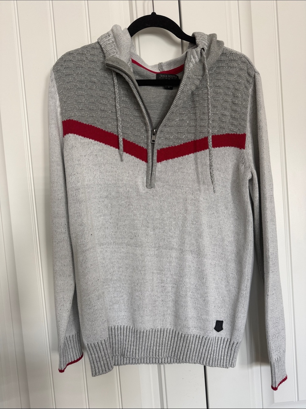 Men's Light Gray Half-Zip Hoodie Sweater with Red Accent NWOT - Trash Nouveau
